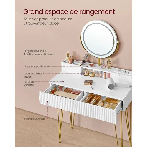Coiffeuse Avec Miroir Pivotant Et Tabouret, Avec Éclairage Et Multiprise, Blanc Et Doré