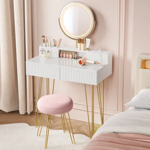 Coiffeuse Avec Miroir Pivotant Et Tabouret, Avec Éclairage Et Multiprise, Blanc Et Doré