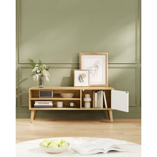 Meuble TV, Support Télé, Couleur Chêne Naturel Et Blanc Crème