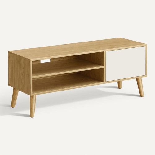 Meuble TV, Support Télé, Couleur Chêne Naturel Et Blanc Crème