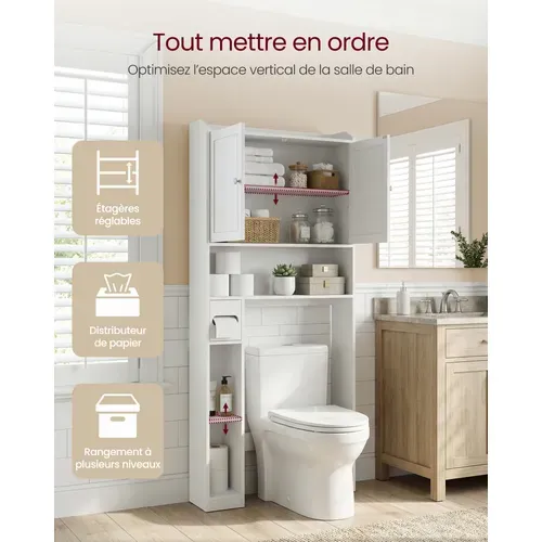 Meuble Wc, Porte Coulissante, Étagères Ajustables, 20 X 79.1 X 170 Cm, Blanc Nuage