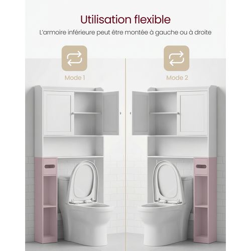 Meuble Wc, Porte Coulissante, Étagères Ajustables, 20 X 79.1 X 170 Cm, Blanc Nuage