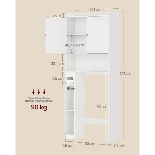 Meuble Wc, Porte Coulissante, Étagères Ajustables, 20 X 79.1 X 170 Cm, Blanc Nuage