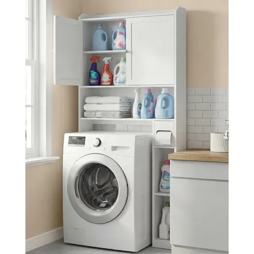 Meuble Wc, Porte Coulissante, Étagères Ajustables, 20 X 79.1 X 170 Cm, Blanc Nuage