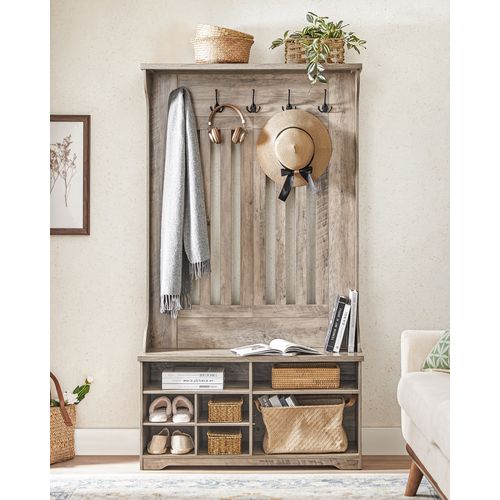Porte-manteau Avec Banc à Chaussures, 5 Crochets Triples, Gain De Place, Étagères Réglables, Grège