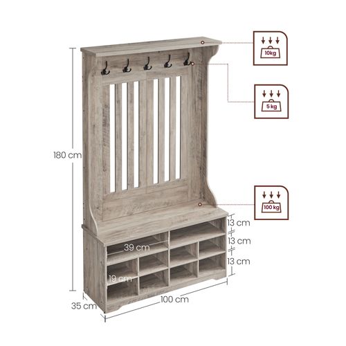 Porte-manteau Avec Banc à Chaussures, 5 Crochets Triples, Gain De Place, Étagères Réglables, Grège