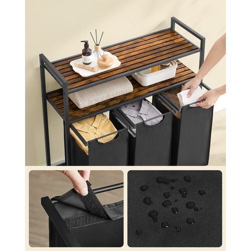 Baveke Panier à Linge Avec étagères En Bambou - 3 Niveaux + Panier Oxford Inclinable - Rangement Salle De Bain, Buanderie - 40x30x118 Cm