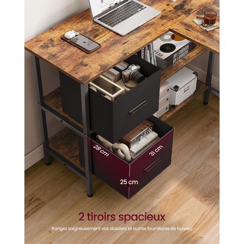 Bureau d'Ordinateur en Forme de L, 2 Tiroirs Spacieux, Étagère Réglable, 115 x 105 cm, Marron