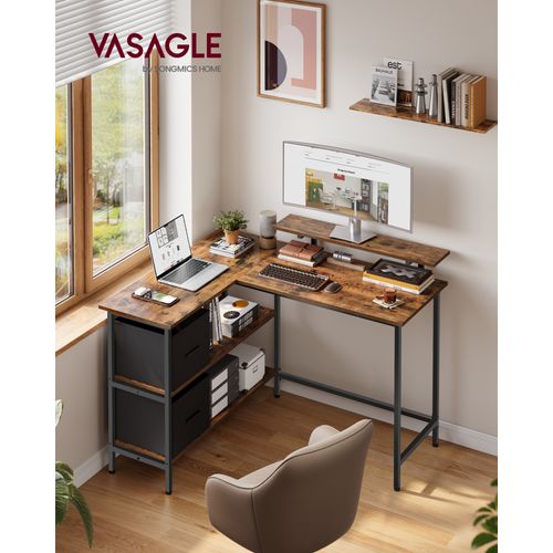 Bureau d'Ordinateur en Forme de L, 2 Tiroirs Spacieux, Étagère Réglable, 115 x 105 cm, Marron