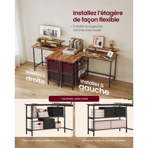 Bureau d'Ordinateur en Forme de L, 2 Tiroirs Spacieux, Étagère Réglable, 115 x 105 cm, Marron