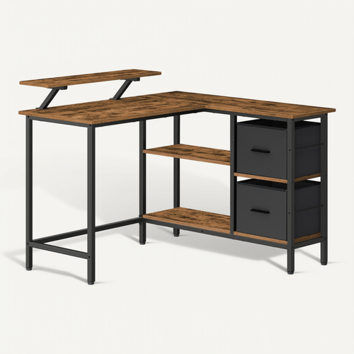 Bureau d'Ordinateur en Forme de L, 2 Tiroirs Spacieux, Étagère Réglable, 115 x 105 cm, Marron