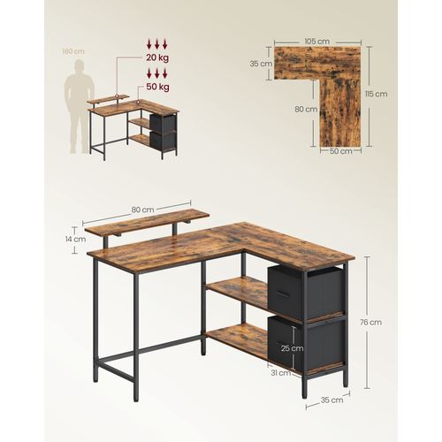 Bureau d'Ordinateur en Forme de L, 2 Tiroirs Spacieux, Étagère Réglable, 115 x 105 cm, Marron