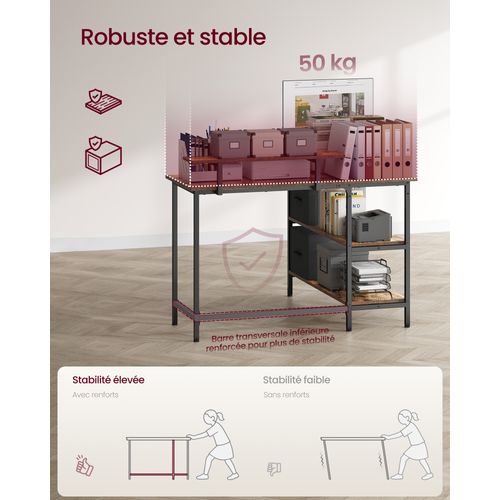 Bureau d'Ordinateur en Forme de L, 2 Tiroirs Spacieux, Étagère Réglable, 115 x 105 cm, Marron