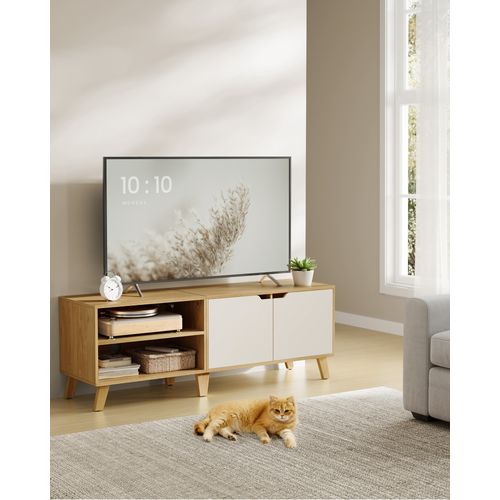 Meuble TV 2 Portes, Longueur 140 Cm, Chêne Naturel Et Blanc Crème