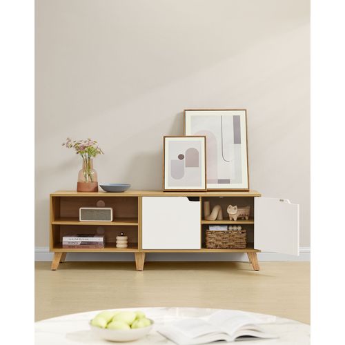 Meuble TV 2 Portes, Longueur 140 Cm, Chêne Naturel Et Blanc Crème