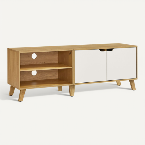Meuble TV 2 Portes, Longueur 140 Cm, Chêne Naturel Et Blanc Crème