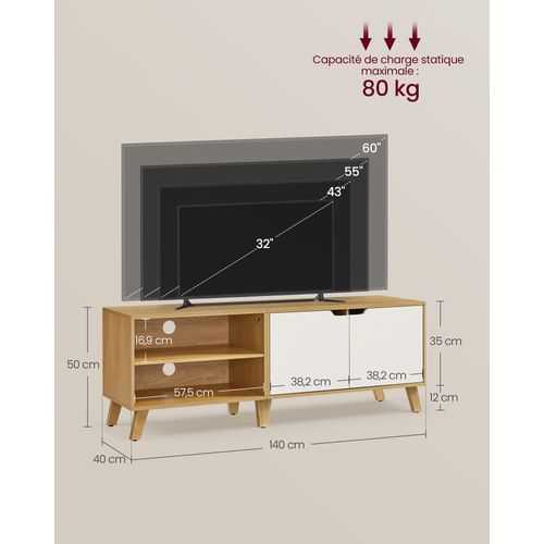 Meuble TV 2 Portes, Longueur 140 Cm, Chêne Naturel Et Blanc Crème