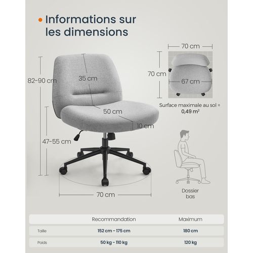 Chaise Bureau SONGMICS HOME Ergonomique | Siège Large 67cm | Réglable Hauteur | Tissu Coton-Lin Rose
