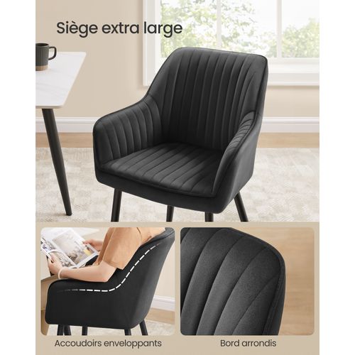 Chaise Salle à Manger, En Velours, Rembourrée, Avec Accoudoirs, Pieds En Métal, Noir D'encre