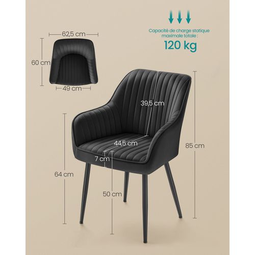 Chaise Salle à Manger, En Velours, Rembourrée, Avec Accoudoirs, Pieds En Métal, Noir D'encre