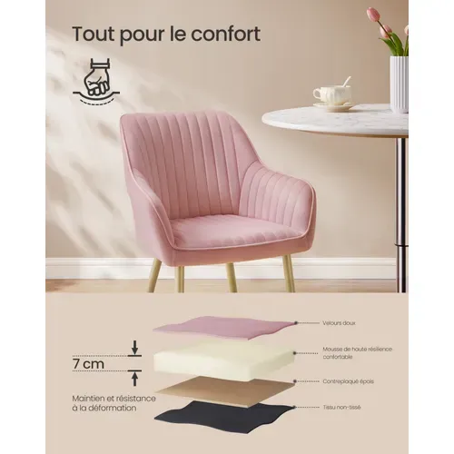Chaise Salle à Manger, En Velours, Rembourrée, Avec Accoudoirs, Rose Bonbon Et Doré Clair