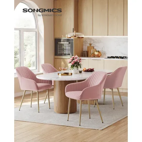 Chaise Salle à Manger, En Velours, Rembourrée, Avec Accoudoirs, Rose Bonbon Et Doré Clair
