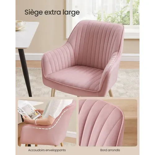 Chaise Salle à Manger, En Velours, Rembourrée, Avec Accoudoirs, Rose Bonbon Et Doré Clair