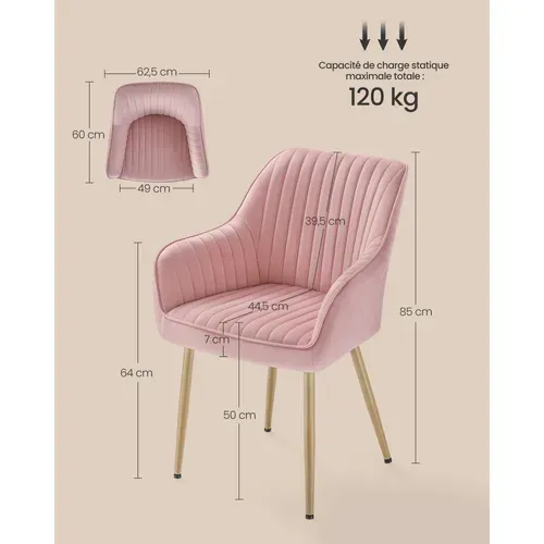 Chaise Salle à Manger, En Velours, Rembourrée, Avec Accoudoirs, Rose Bonbon Et Doré Clair