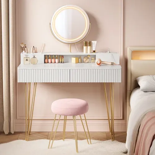 Coiffeuse Avec Taboutret Et Miroir Avec éclairage Et Multiprise Blanc