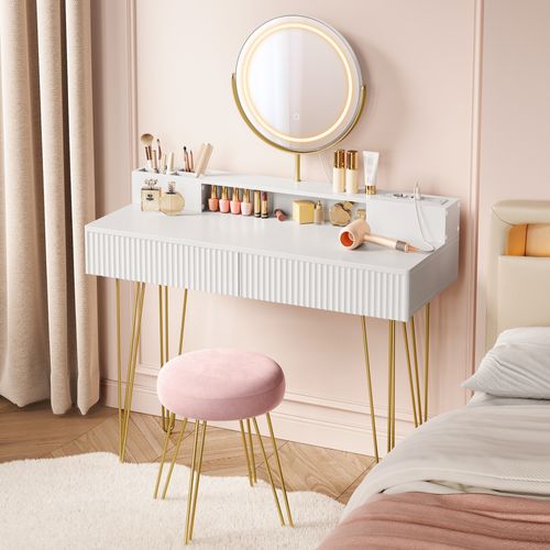Coiffeuse Avec Taboutret Et Miroir Avec éclairage Et Multiprise Blanc