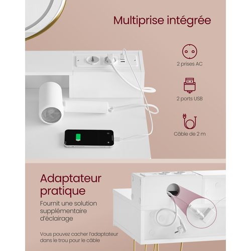 Coiffeuse Avec Taboutret Et Miroir Avec éclairage Et Multiprise Blanc