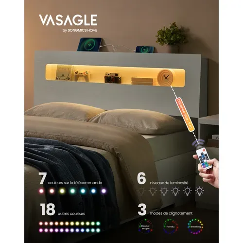 Lit Avec 2 Tiroirs Coulissants 140 X 190 Cm, Lit Double, Avec LED, Multiprise, Sans Sommier, Blanc