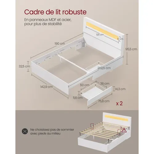 Lit Avec 2 Tiroirs Coulissants 140 X 190 Cm, Lit Double, Avec LED, Multiprise, Sans Sommier, Blanc