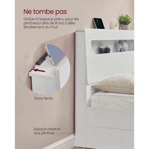Lit Avec 2 Tiroirs Coulissants 140 X 190 Cm, Lit Double, Avec LED, Multiprise, Sans Sommier, Blanc