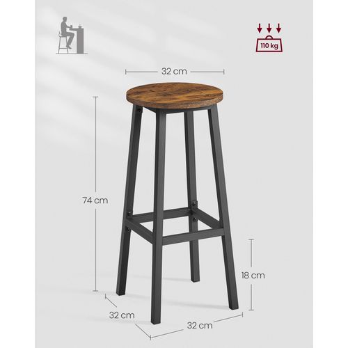 Tabouret De Bar, Lot De 2, Cadre Métallique, Montage Facile, Hauteur 74 Cm, Marron Rustique Et Noir