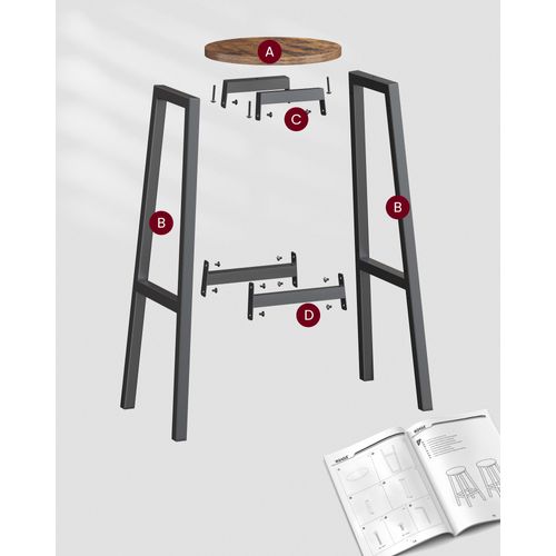 Tabouret De Bar, Lot De 2, Cadre Métallique, Montage Facile, Hauteur 74 Cm, Marron Rustique Et Noir
