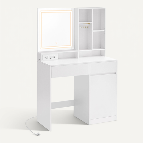 Coiffeuse Avec Miroir Et Lumière, Largeur De 90 Cm, étagères Réglables, Prise De Courant, Blanc