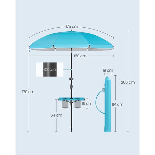Parasol 160 Cm, Upf 50+, Inclinaison De 30° Des 2 Côtés, Hauteur Réglable, Petite Tablette, Bleu