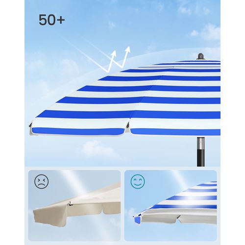 Parasol 160 Cm, Upf 50+, Inclinaison De 30° Des 2 Côtés, Hauteur Réglable, Crochets, Bleu Et Blanc