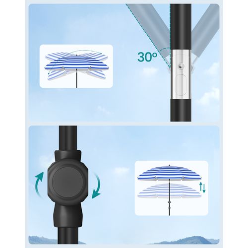 Parasol 160 Cm, Upf 50+, Inclinaison De 30° Des 2 Côtés, Hauteur Réglable, Crochets, Bleu Et Blanc