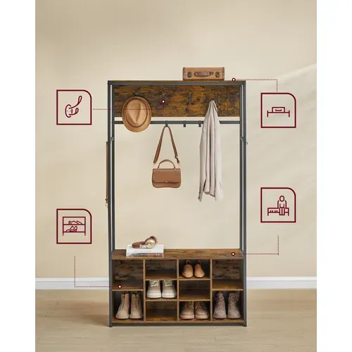 Porte-manteau, Avec Étagères à Chaussures, Étagères Réglables, Compartiments Ouverts, Marron Et Noir