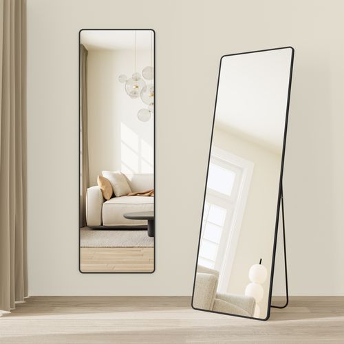 Miroir Intégral, 165 X 50 Cm, Miroir Rectangulaire Sur Pied, Cadre En Alliage D’aluminium, Noir