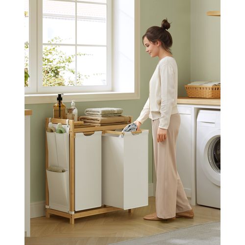Panier à Linge, Avec 2 Compartiments, En Bambou, Poches Latérales, 2 X 50 L, 63 X 33 X 78 Cm, Blanc