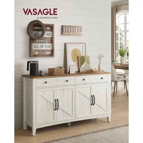 Buffet, Avec Tiroir Et Portes, Étagère Réglable, 40 X 140 X 80 Cm, Blanc Rustique Et Marron Miel