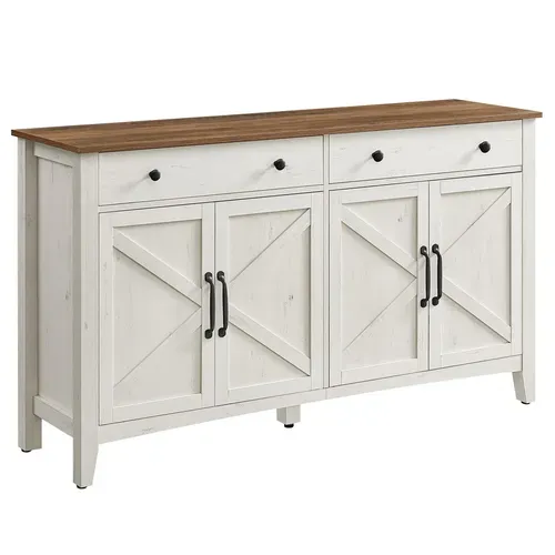 Buffet, Avec Tiroir Et Portes, Étagère Réglable, 40 X 140 X 80 Cm, Blanc Rustique Et Marron Miel