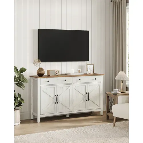 Buffet, Avec Tiroir Et Portes, Étagère Réglable, 40 X 140 X 80 Cm, Blanc Rustique Et Marron Miel