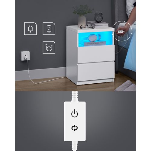 Table De Chevet, Lot De 2, Avec éclairage LED Réglable, Meuble à Tiroirs, Style Moderne, Blanc