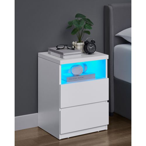 Table De Chevet, Lot De 2, Avec éclairage LED Réglable, Meuble à Tiroirs, Style Moderne, Blanc