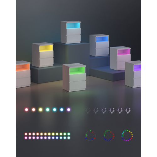 Table De Chevet, Lot De 2, Avec éclairage LED Réglable, Meuble à Tiroirs, Style Moderne, Blanc