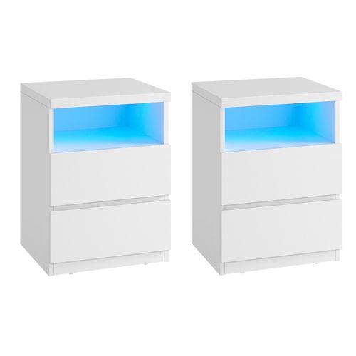 Table De Chevet, Lot De 2, Avec éclairage LED Réglable, Meuble à Tiroirs, Style Moderne, Blanc
